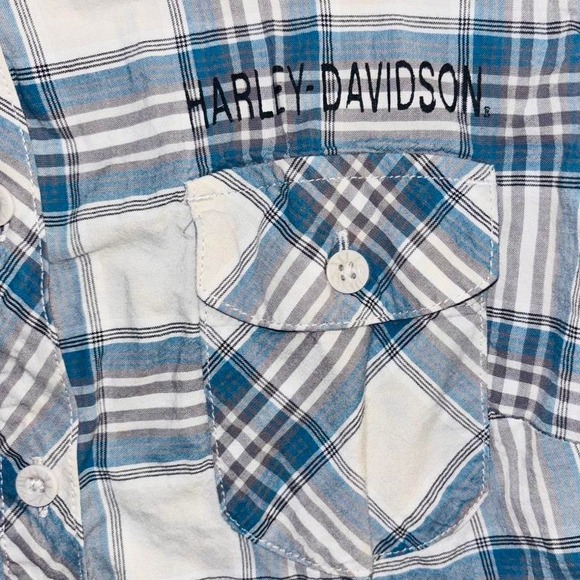 ✨ Harley Davidson Blue Plaid Sleeveless Button Up Shirt ✨ - Picture 2 of 5